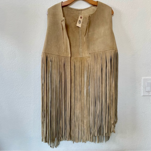 no brand Jackets & Blazers - Vintage Suede Leather Long Fringe Vest Taupe Camel Boho Layering Piece NWT